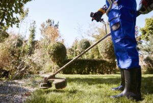Person in blue coveralls and rubber boots uses a grass trimmer to edge a lawn in a garden with hedges and trees, showcasing the expertise of a Landscape Maintenance Contractor Singapore.