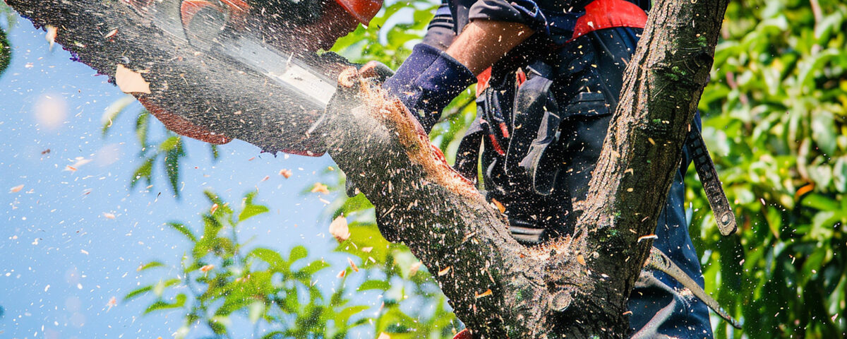 A person wearing safety gear uses a chainsaw to cut a large tree branch outdoors, with wood chips flying—essential steps before tree transplanting or tree moving can begin.