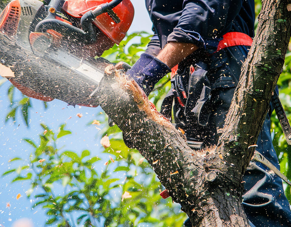 A person wearing safety gear uses a chainsaw to cut a large tree branch outdoors, with wood chips flying—essential steps before tree transplanting or tree moving can begin.